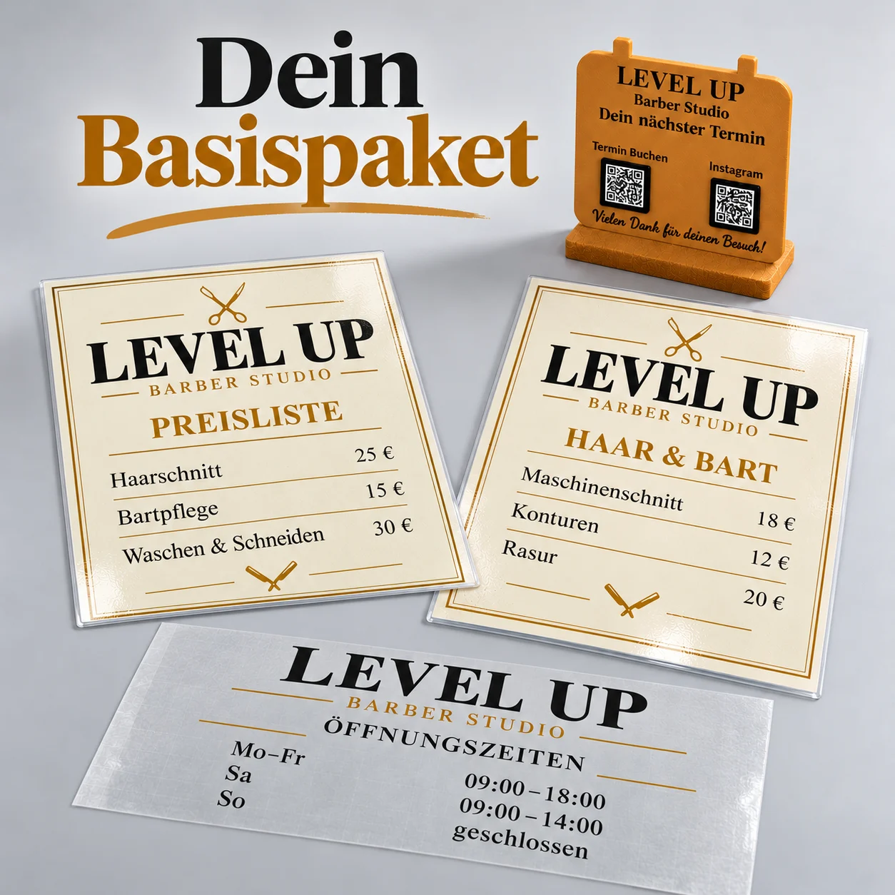 Barber- & Friseursalon-Paket – Öffnungszeiten, QR-/NFC-Aufsteller & laminierte Preislisten