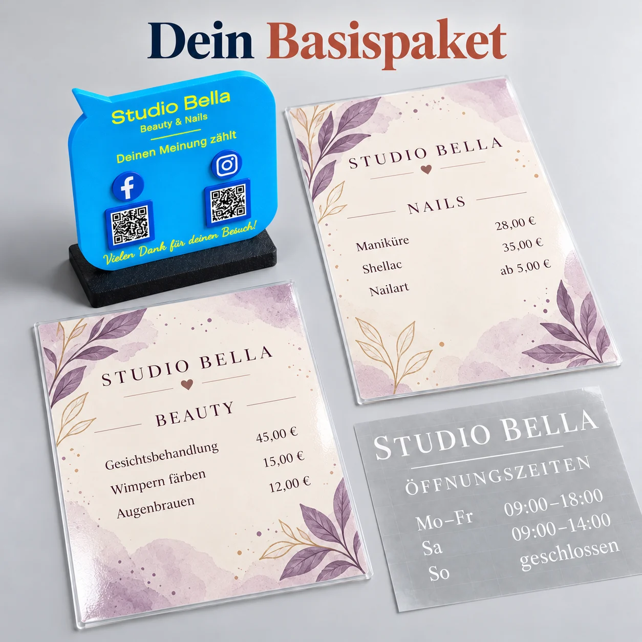 Kosmetik- & Nagelstudio-Paket – Öffnungszeiten, QR-/NFC-Aufsteller & Preislisten