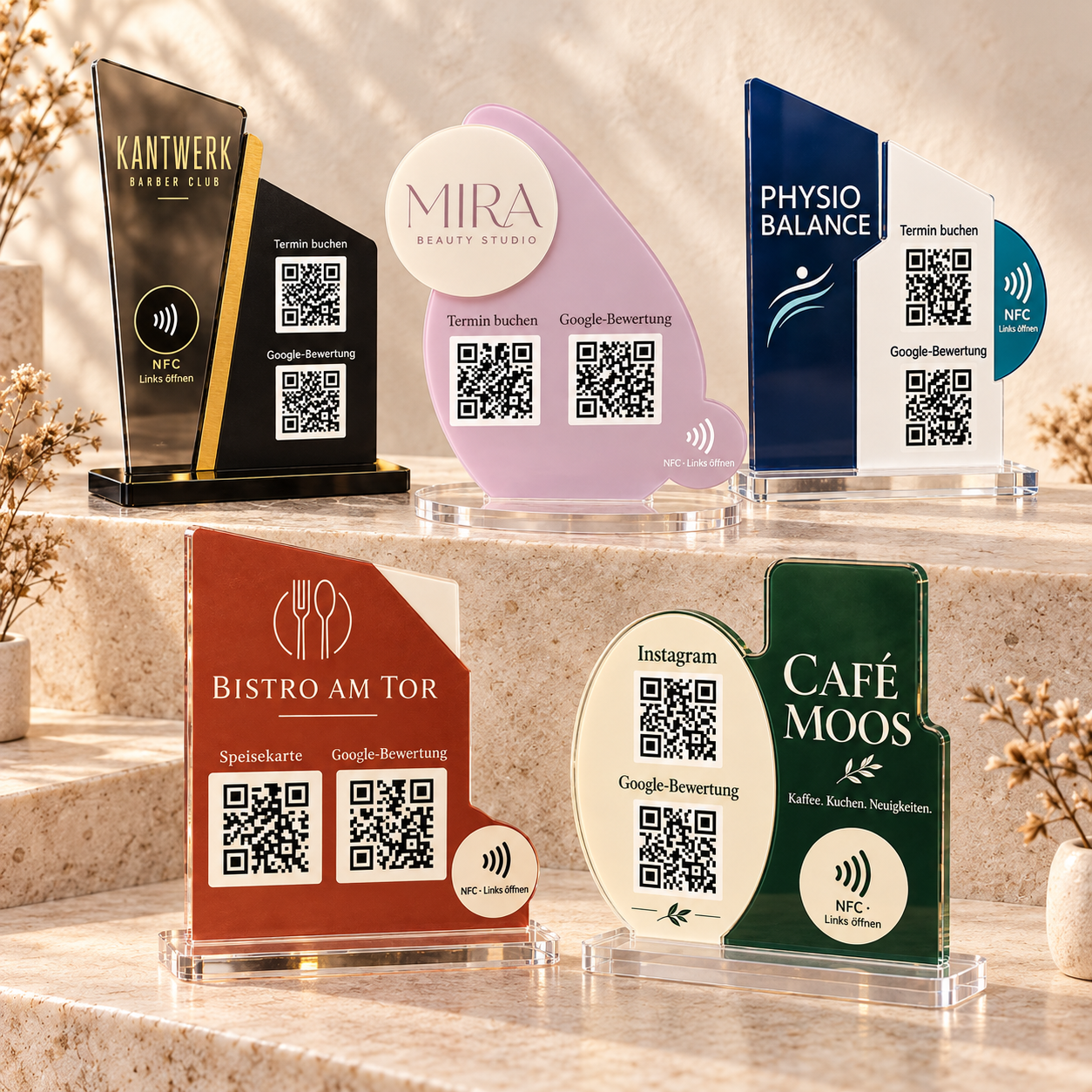 Fünf Acryl-Aufsteller mit zwei QR-Codes und NFC-Symbol in unterschiedlichen Formen und Farben