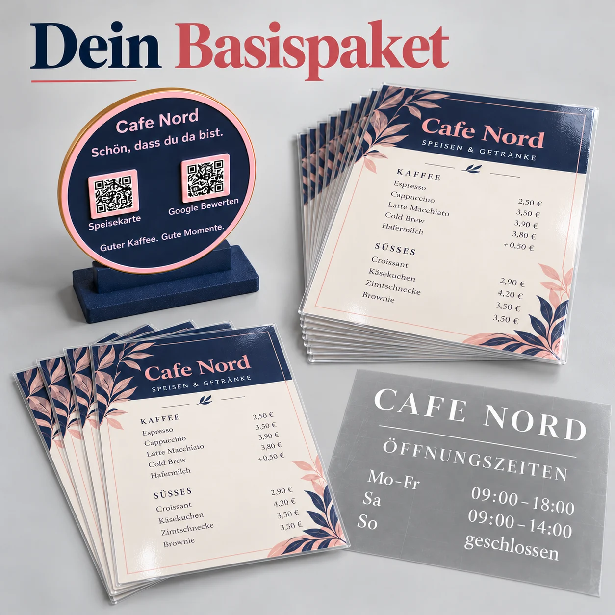 Café- & Restaurant-Paket – Öffnungszeiten, QR-/NFC-Aufsteller & laminierte Speisekarten