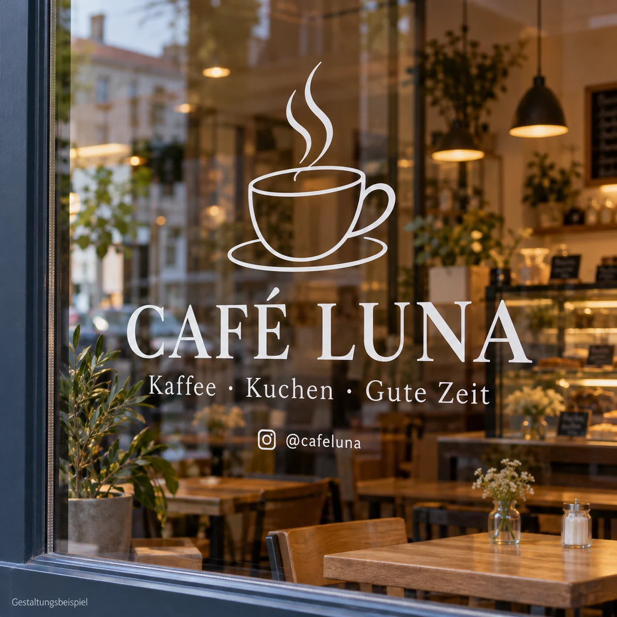 Weißes Logo mit Kaffeetasse, dem Schriftzug „Café Luna“ und einem Instagram-Namen als Folienbeschriftung auf einem Schaufenster
