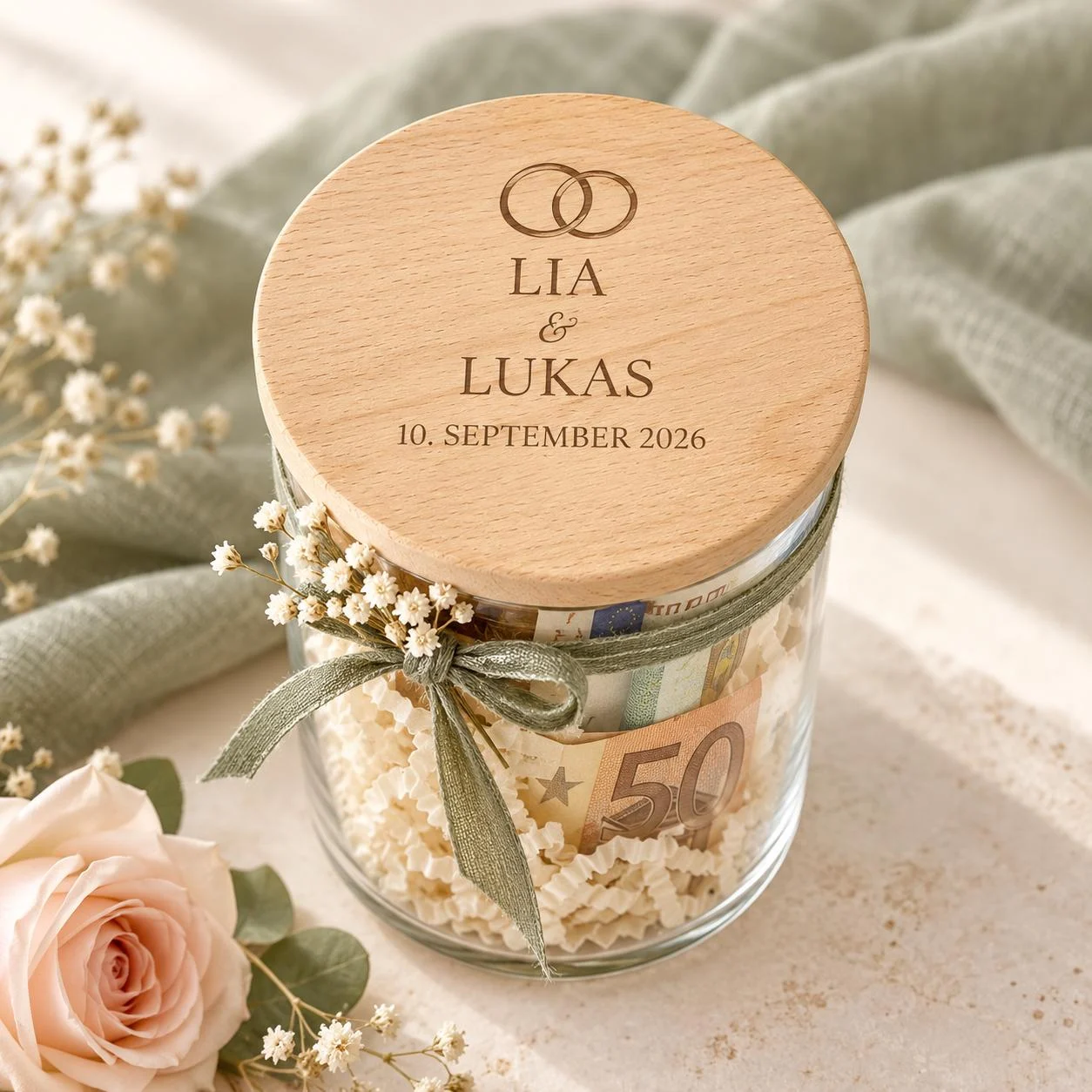 Hochzeitsglas mit Beispielnamen Lia und Lukas und Ringgravur