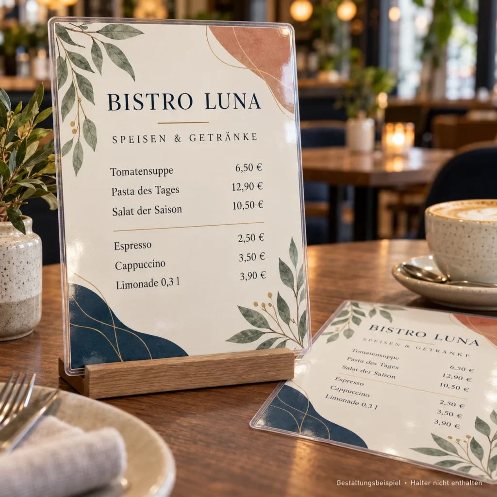 Laminierte Karte „Bistro Luna – Speisen & Getränke“ mit Preisen auf einem Holzfuß an einem Cafétisch