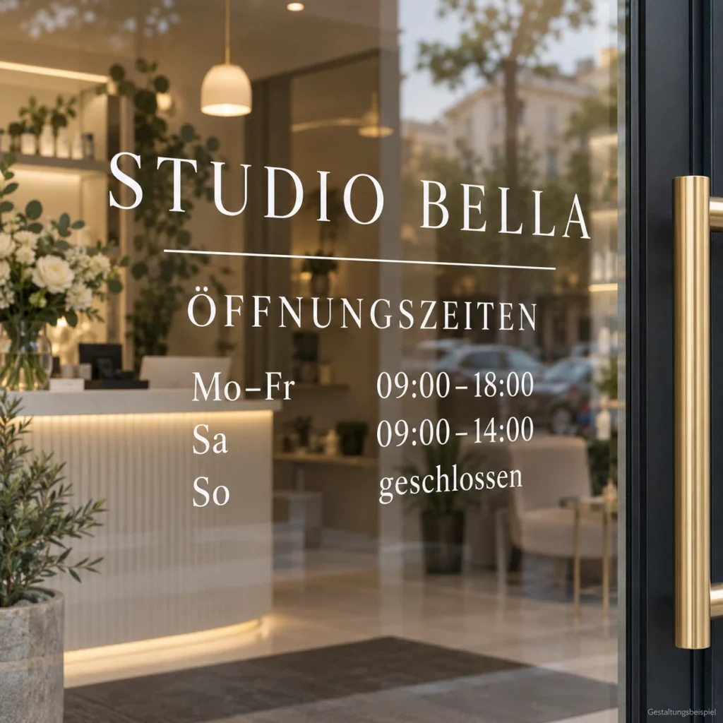 Weiße Öffnungszeiten-Beschriftung mit dem Namen „Studio Bella“ auf der Glastür eines Salons