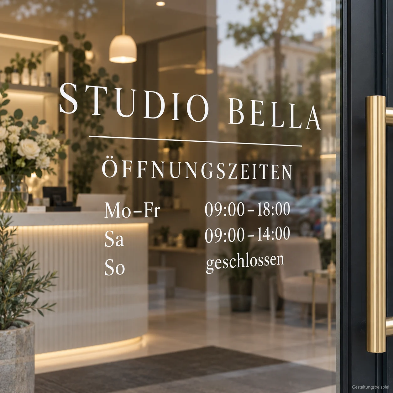 Weiße Öffnungszeiten-Beschriftung mit dem Namen „Studio Bella“ auf der Glastür eines Salons