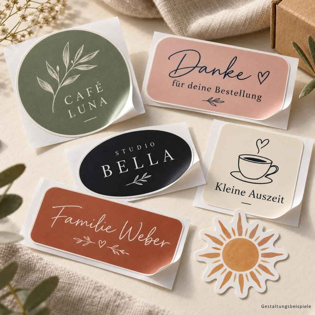 Individuell bedruckte Aufkleber: rund mit Logo, rechteckig mit Dankestext, oval, quadratisch mit Tasse und als Sonne in freier Kontur