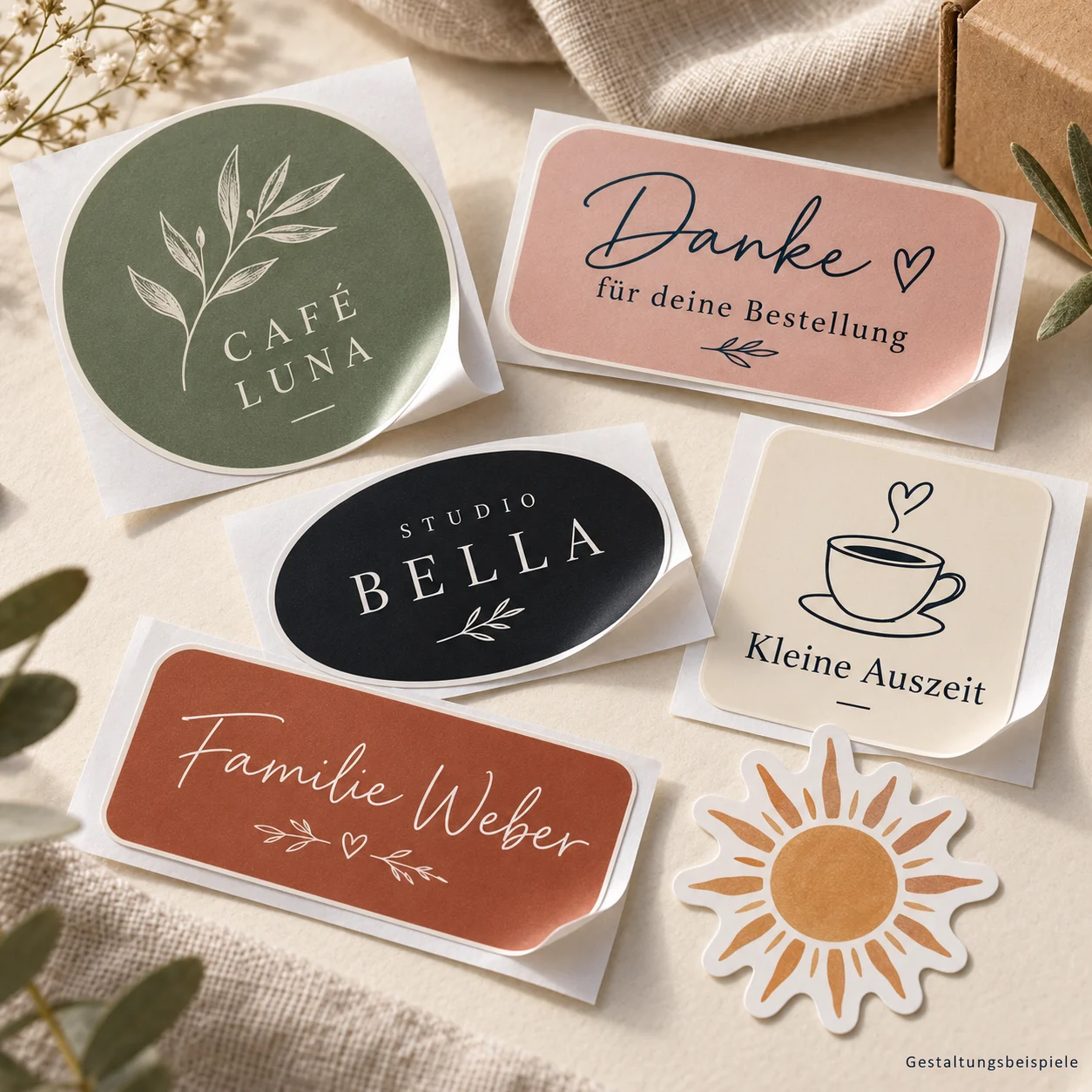 Individuell bedruckte Aufkleber: rund mit Logo, rechteckig mit Dankestext, oval, quadratisch mit Tasse und als Sonne in freier Kontur