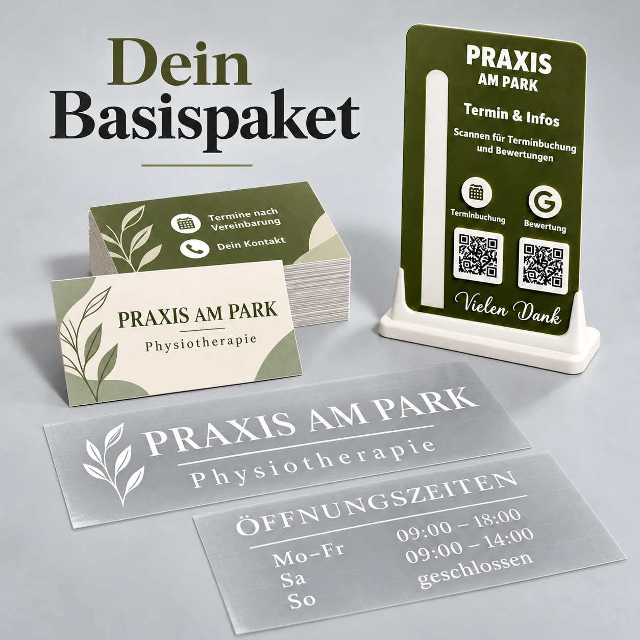 Praxis- & Büro-Paket – Fensterbeschriftung, QR-/NFC-Aufsteller & Visitenkarten