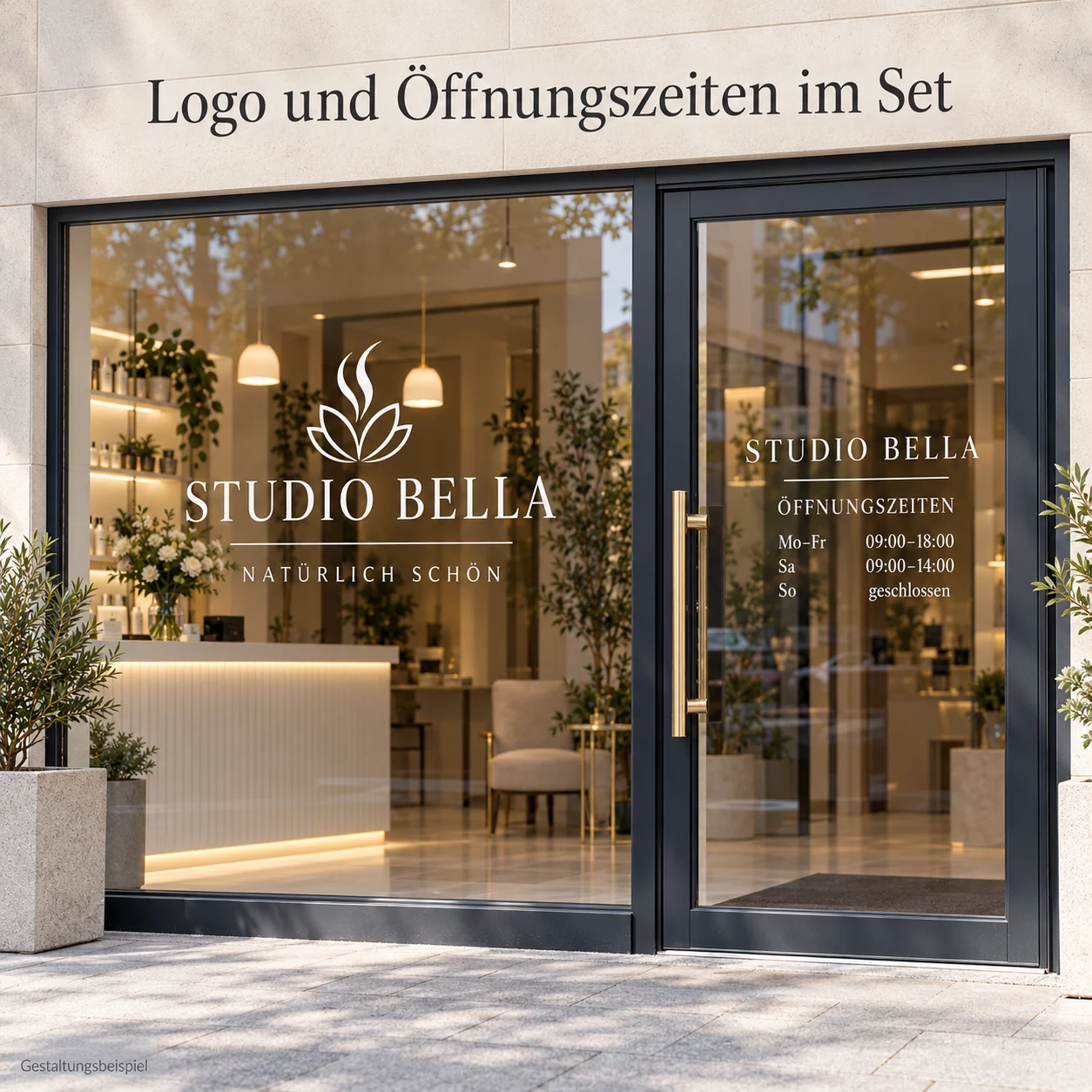 Schaufenster-Beschriftungspaket – Individuelles Firmenlogo & Öffnungszeiten